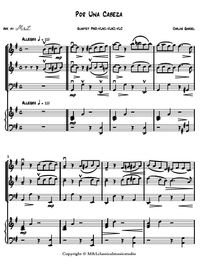 Carlos Gardel Por una Cabeza Quartet Piano Violin I Violin II Violoncello PDF Arrangement Carlos Gardel Por una Cabeza Quartet Piano Violin I Violin II Violoncello PDF