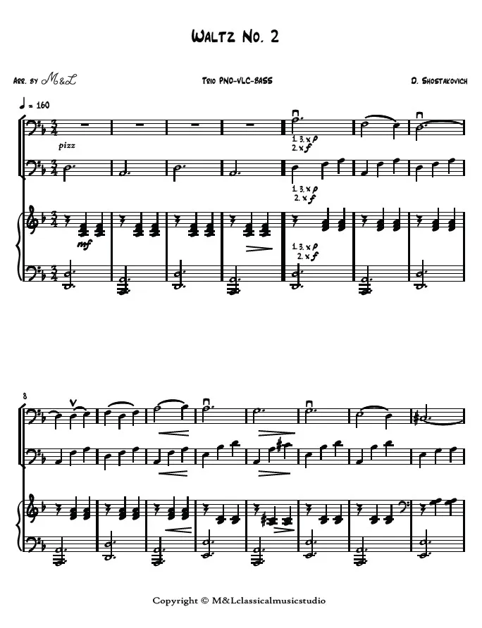 Dimitri Shostakovich Waltz No. 2 Piano Violoncello Contrabass Trio PDF Arrangement Dimitri Shostakovich Waltz No. 2 Piano Violoncello Contrabass Trio PDF