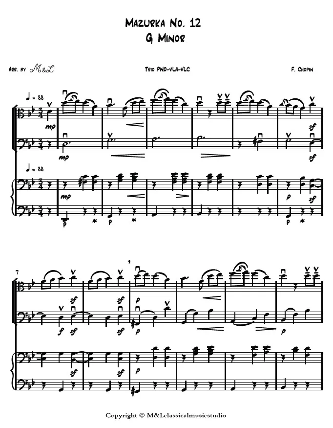 Frederic Chopin Mazurka No. 12 G Minor Piano Viola Violoncello Trio PDF Arrangement Frederic Chopin Mazurka No. 12 G Minor Piano Viola Violoncello Trio PDF