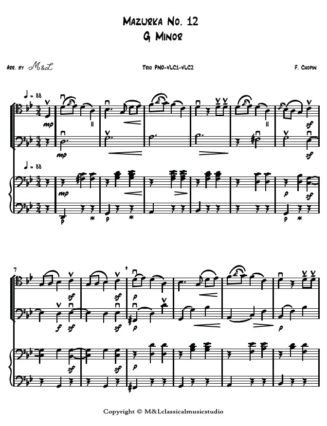 Frederic Chopin Mazurka No. 12 G Minor Piano Violoncello I Violoncello II Trio PDF Arrangement Frederic Chopin Mazurka No. 12 G Minor Piano Violoncello I Violoncello II Trio PDF