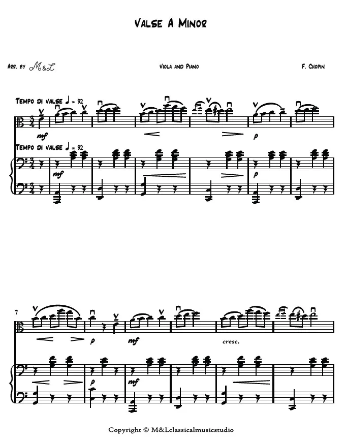 Frederic Chopin Valse A Minor Viola and Piano PDF Arrangement Frederic Chopin Valse A Minor Viola and Piano PDF Arrangement