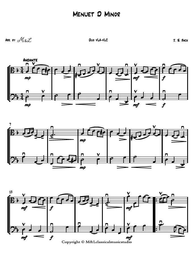 J. S. Bach Menuet D Minor Viola Violoncello Duo PDF Arrangement J. S. Bach Menuet D Minor Viola Violoncello Duo PDF Arrangement