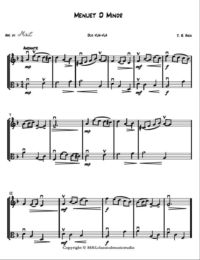 J. S. Bach Menuet D Minor Violin Viola Duo PDF Arrangement J. S. Bach Menuet D Minor Violin Viola Duo PDF