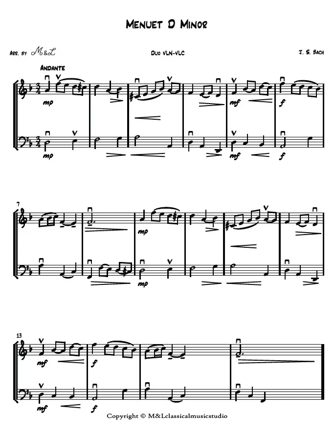 J. S. Bach Menuet D Minor Violin Violoncello Duo PDF Arrangement J. S. Bach Menuet D Minor Violin Violoncello Duo PDF