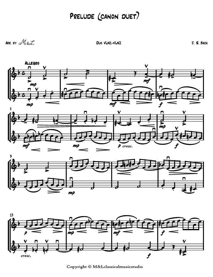 J. S. Bach Prelude (canon duet) Violin I Violin II Duo PDF Arrangement J. S. Bach Prelude (canon duet) Violin I Violin II Duo PDF