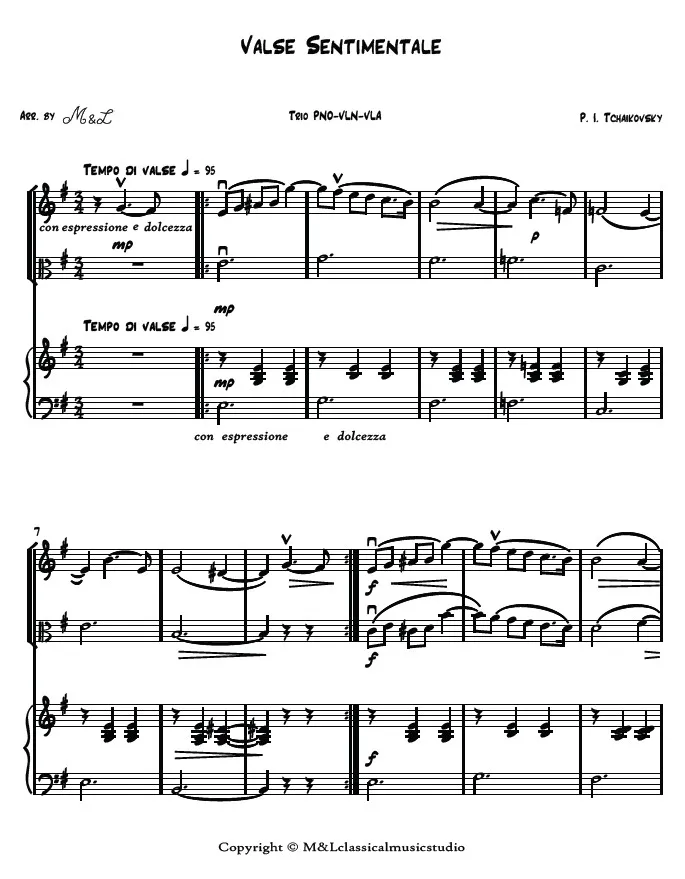 P. I. Tchaikovsky Valse Sentimentale Piano Violin Viola Trio PDF Arrangement P. I. Tchaikovsky Valse Sentimentale Piano Violin Viola Trio PDF Arrangement