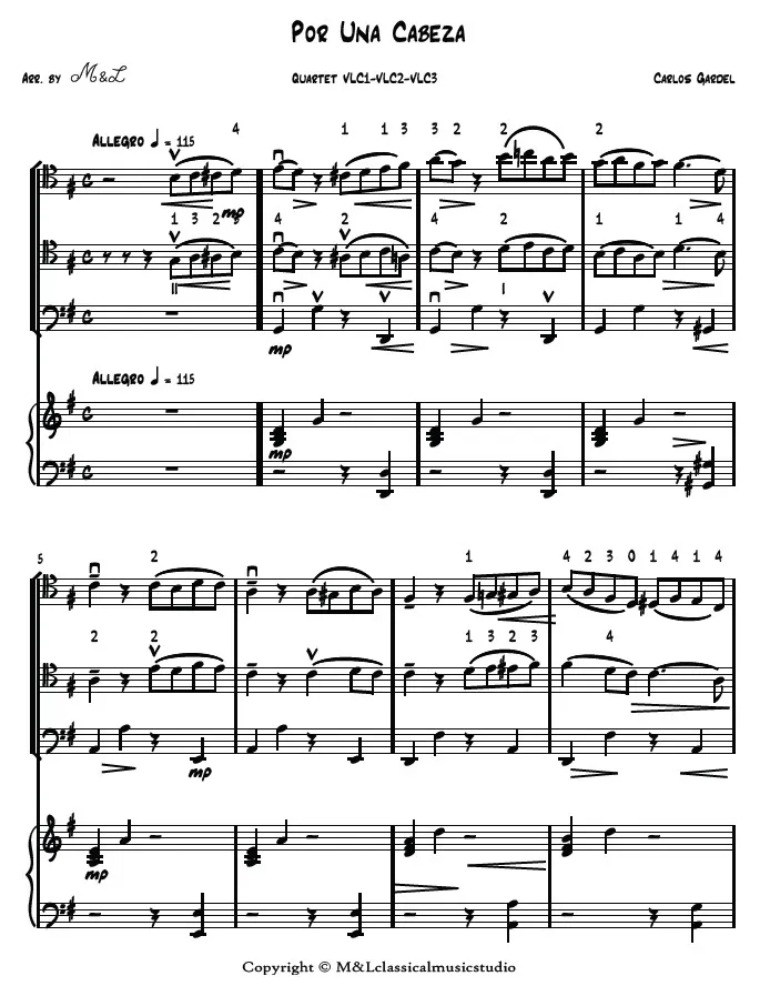 Carlos Gardel Por una Cabeza Piano Violoncello I Violoncello II Violoncello III Quartet PDF Arrangement Carlos Gardel Por una Cabeza Piano Violoncello I Violoncello II Violoncello III Quartet PDF